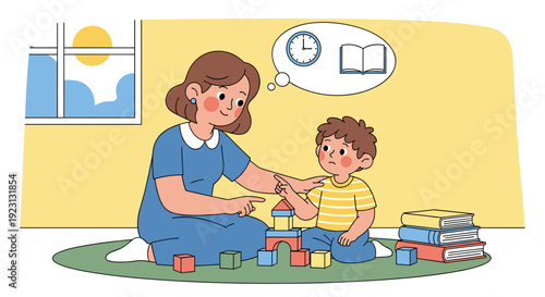 Woman and Child Playing with Blocks Together.