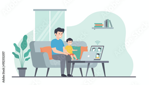 Father and son enjoying quality time with laptop in cozy living room