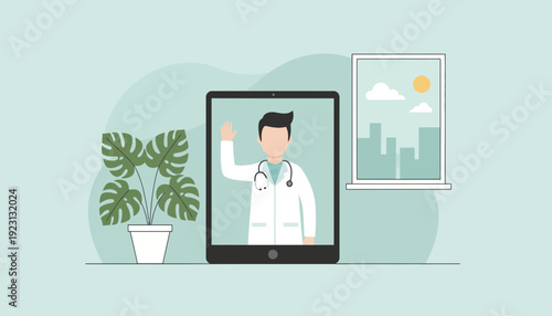 Friendly doctor waving on video call with plant nearby