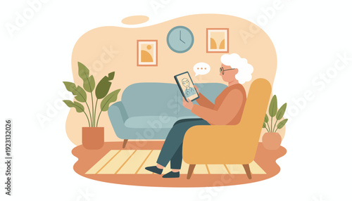 Elderly woman having online consultation with doctor at home