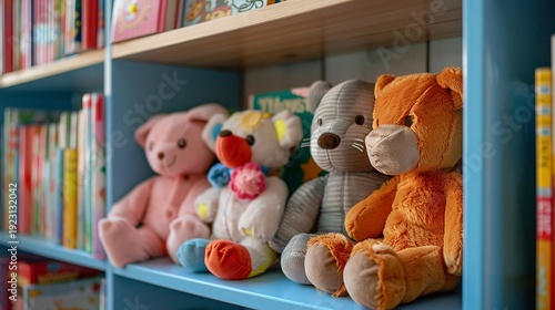A photo of daycare books and stuffed animals.