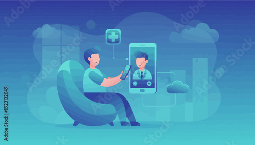 Man enjoying telemedicine consultation on smartphone in modern workspace