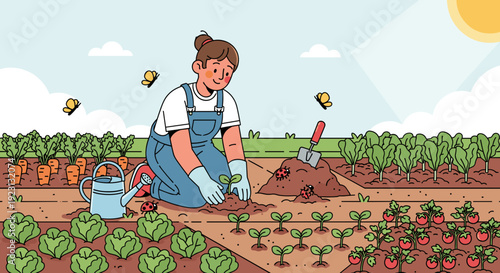 Woman Gardening in a Vegetable Garden.