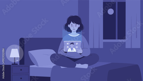 Woman consulting doctor online in bed at night