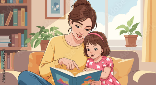 Woman Reading Storybook to Young Girl 1.