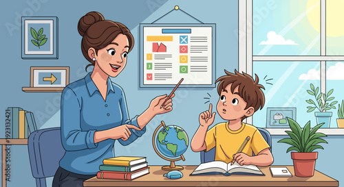 Woman Teaching Boy Geography at Home Desk.