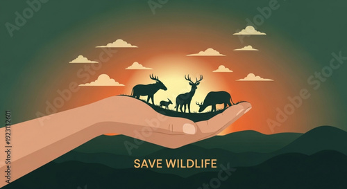 Hand holding wildlife silhouettes save wildlife concept with sunset background and mountains