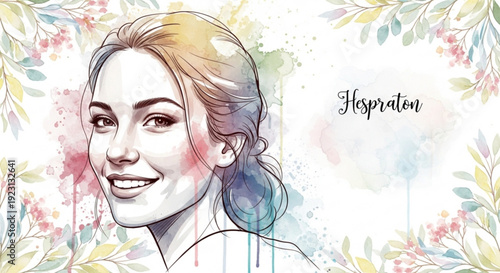 Smiling woman with floral background and hopeful inspiration