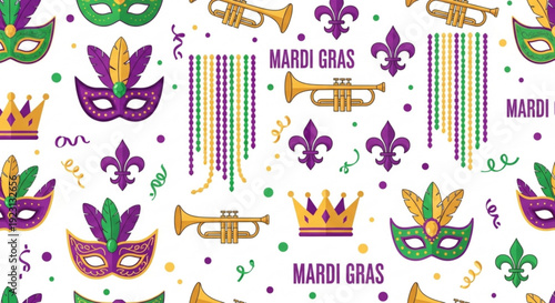 Vibrant mardi gras pattern with masks trumpets and crowns on white background