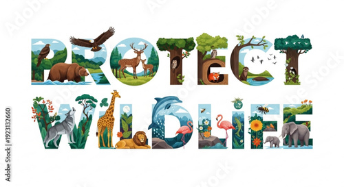 Protect wildlife conservation concept with diverse animals and nature