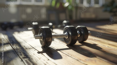 A photo of dumbbells on a wooden floor.