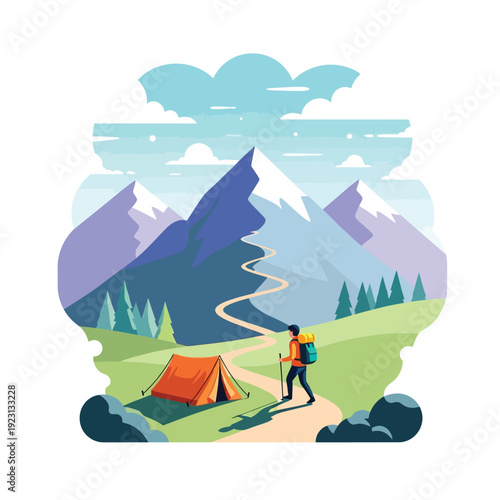 Venture into the majestic mountains on an epic hiking adventure with a vibrant tent and breathtaking scenic views