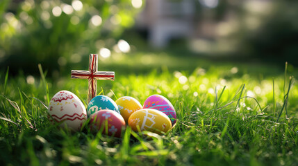 easter eggs and cross in the grass