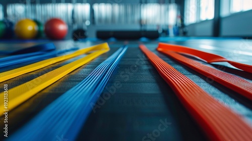 A photo of exercise bands laid out in a gym.