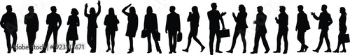Business people silhouettes collection showing professional men and women standing, walking, talking, greeting and holding briefcases, corporate teamwork and office lifestyle concept