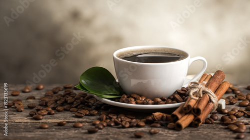 Coffee cup and saucer on a wooden table. Dark background