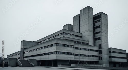 Brutalist concrete building with geometric shapes and many windows under a cloudy sky