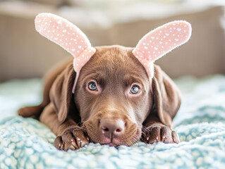 Sweetest Easter photos ever!  A chocolate Lab puppy rocks bunny ears.