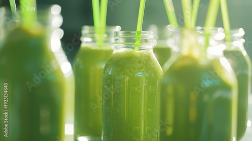 A photo of fresh green smoothies in glass jars
