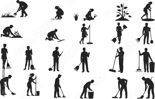 Gardener and janitor worker silhouettes set showing cleaning, sweeping, raking, planting and maintenance activities, professional sanitation and landscaping concept collection