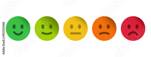 Colorful feedback emoji faces, emoticons ranging from happy to sad, for surveys, rating systems, user feedback, and UI elements as a rating scale or for collecting feedback on satisfaction and mood