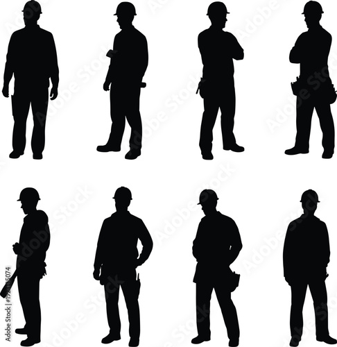 Construction Worker Silhouette Icons Set Featuring Hard Hats, Tools, and Occupational Poses for Industrial and Labor Design