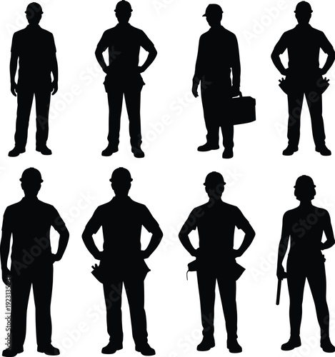 Construction Worker Silhouette Icons Set Featuring Toolbox, Tools, and Safety Gear for Occupational and Industrial Design