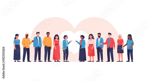 Illustration of diverse people standing together in unity, promoting global inclusivity and equality on Zero Discrimination Day with a heart design.