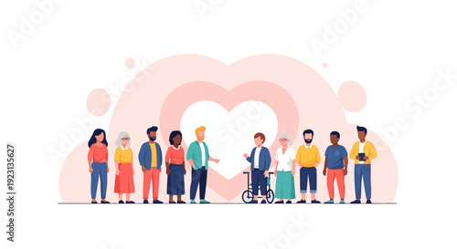 Illustration of diverse people standing together in unity with a heart-shaped design behind them, promoting global inclusivity and equality on Zero Discrimination Day.