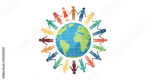 Illustration of diverse people standing around the globe, promoting global inclusivity and Zero Discrimination Day with colorful characters and a world map on a white background.