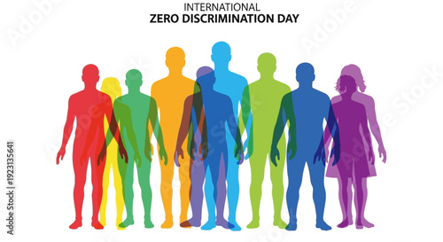 Illustration of diverse people standing together in solidarity for Zero Discrimination Day, promoting global inclusivity and equality awareness with colorful characters on a white