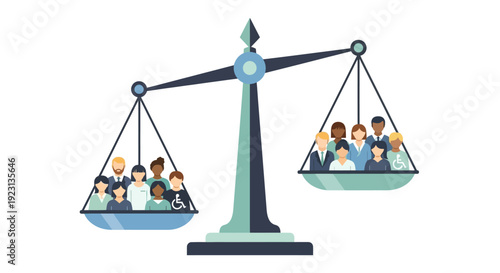Illustration of a balanced scale with diverse people on each side, symbolizing equality and fairness on Zero Discrimination Day for a global inclusivity campaign