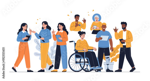 Illustration of diverse people with disabilities and different ethnicities standing together in a global inclusivity campaign for Zero Discrimination Day with a colorful and vibrant design.