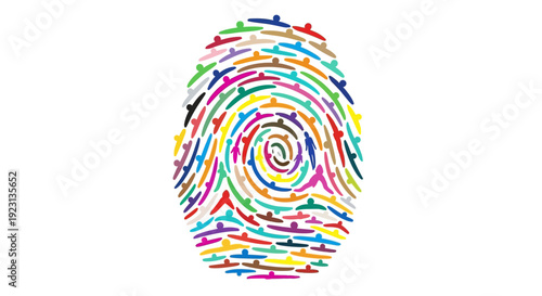 Illustration of a colorful fingerprint made of diverse lines and shapes on a white background, symbolizing global inclusivity and equality awareness for Zero Discrimination Day.