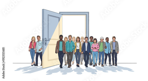 Illustration of diverse group of people standing in front of an open door on Zero Discrimination Day, promoting global inclusivity and equality awareness.