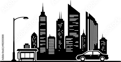 Minimalist cityscape with skyscraper lampposts car and bus stop building street
