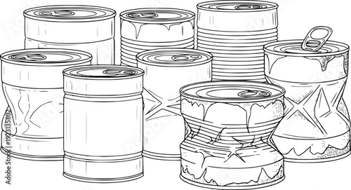 Cans in various conditions black and white vector illustration
