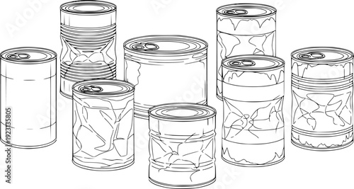 Cans in various conditions black and white vector illustration
