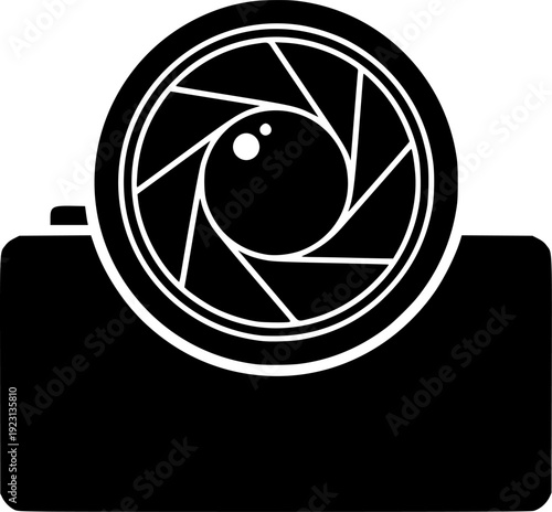 Stylized black camera lens with arcs and rectangular body photography white
