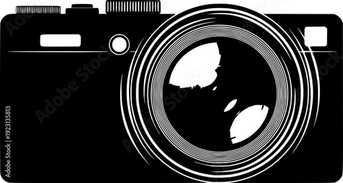 Stylized black camera lens with arcs and rectangular body photography white
