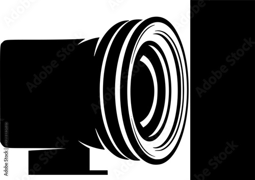 Stylized black camera lens with arcs and rectangular body photography white
