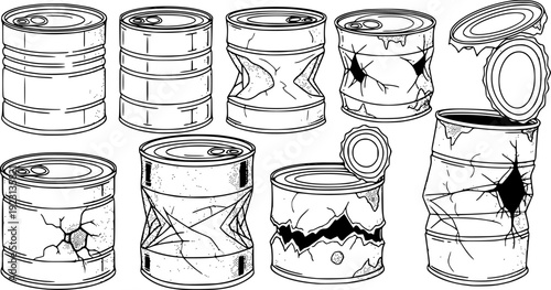Cans in various conditions black and white vector illustration
