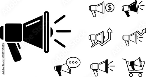 Electric megaphone with sound or marketing advertising line art vector icon set for apps and websites
