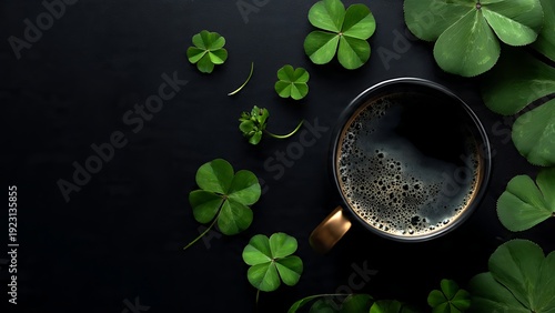 Coffee Cup with Shamrocks on Black Background for St. Patrick's Day