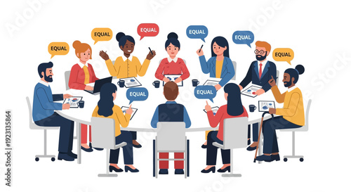 Illustration of diverse group of people from around the world sitting around a table with speech bubbles on Zero Discrimination Day for a global equality awareness campaign