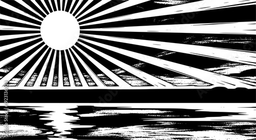Stylized sun with radiating rays and horizon line abstract
