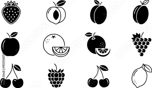 Strawberry peach plum apricot orange grape cherry raspberry lemon icons vector
