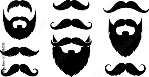 Set of black silhouette beards and mustaches in various styles and designs
