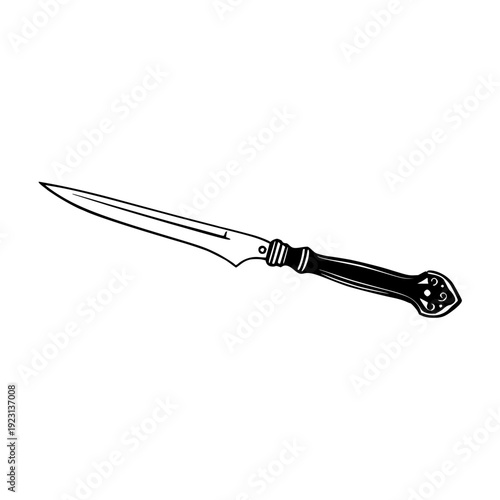 Black silhouette of a tapered letter opener with ornate handle on a white background, ideal for office decor, editorial design, and business branding