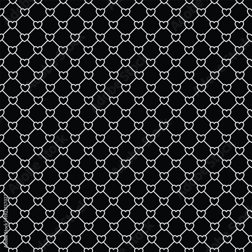 Seamless white heart outline grid pattern on a solid black background. Dark emo aesthetic wallpaper, minimalist romantic style with clean lines for digital paper and background projects.